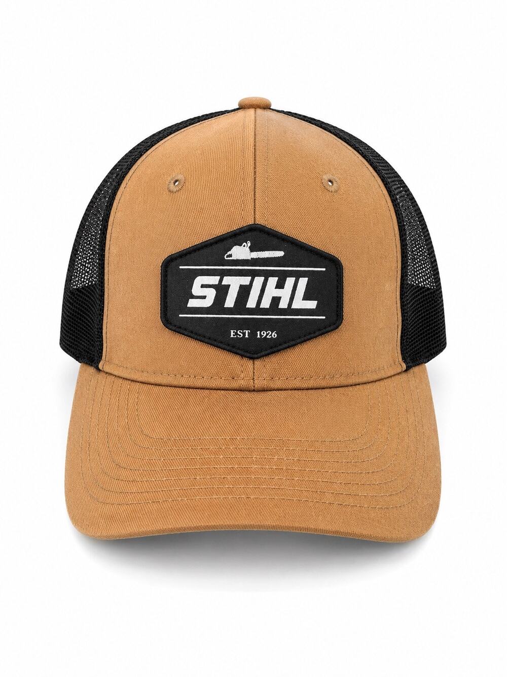STIHL Trucker Hat Tan Black Mesh Snapback Chainsaw Patch Cap Workwear